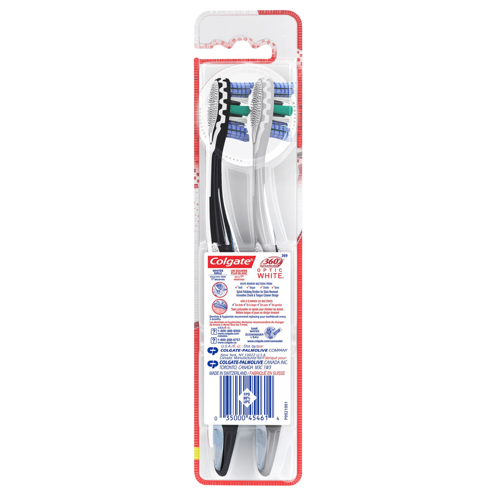 360 Optic White Advanced Adult Manual Whitening Toothbrush, Soft, 2 Pack