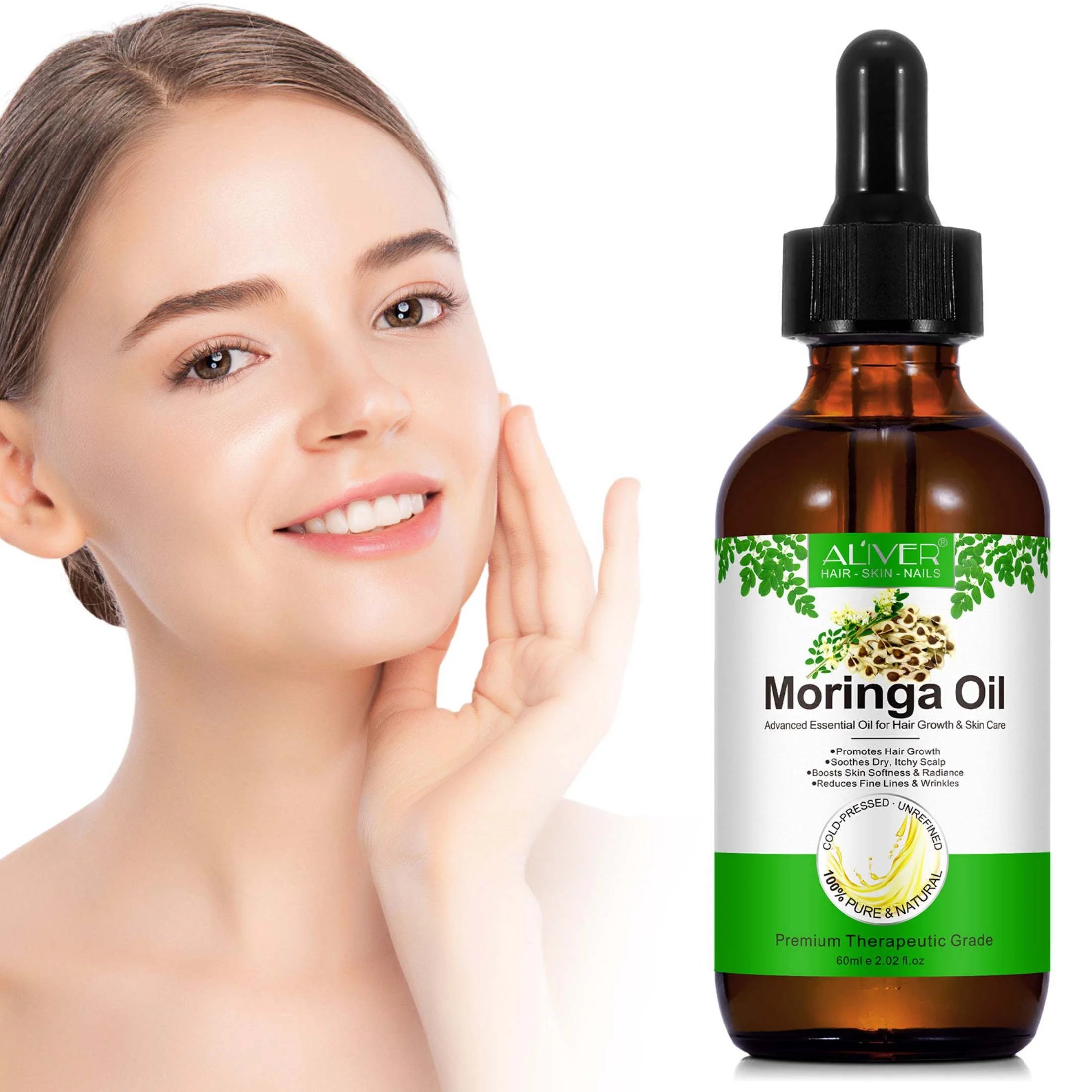 Aliver Moringa Oil 100% Pure & Natural,Reduces Breakage & Split Ends , Cold-Pressed, 2.02Fl.Oz