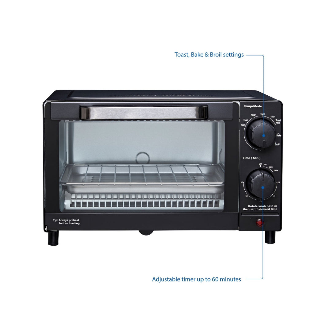 4 Slice Toaster Oven with 3 Settings, Includes Baking Rack and Pan, Black, New