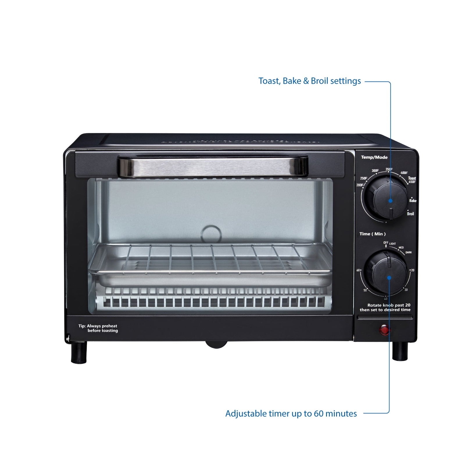 4 Slice Toaster Oven with 3 Settings, Includes Baking Rack and Pan, Black, New