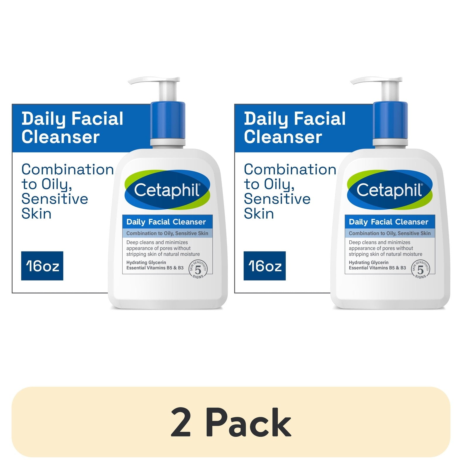 (2 Pack) Daily Facial Cleanser for Sensitive, Combination to Oily Skin, 16 Oz