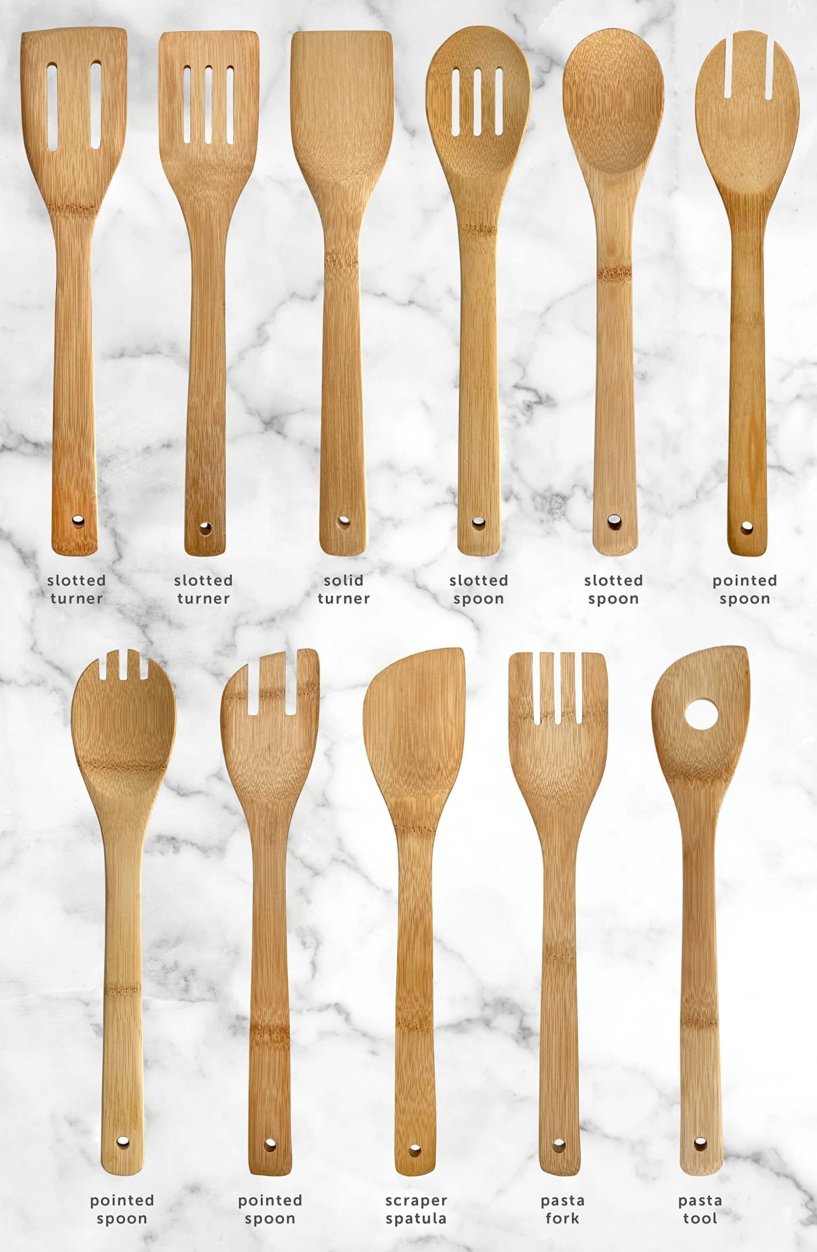 Edge Bamboo Utensils 12 Piece Set Including Caddy for Cooking Slotted Spoon, Turner, Fork, Mint