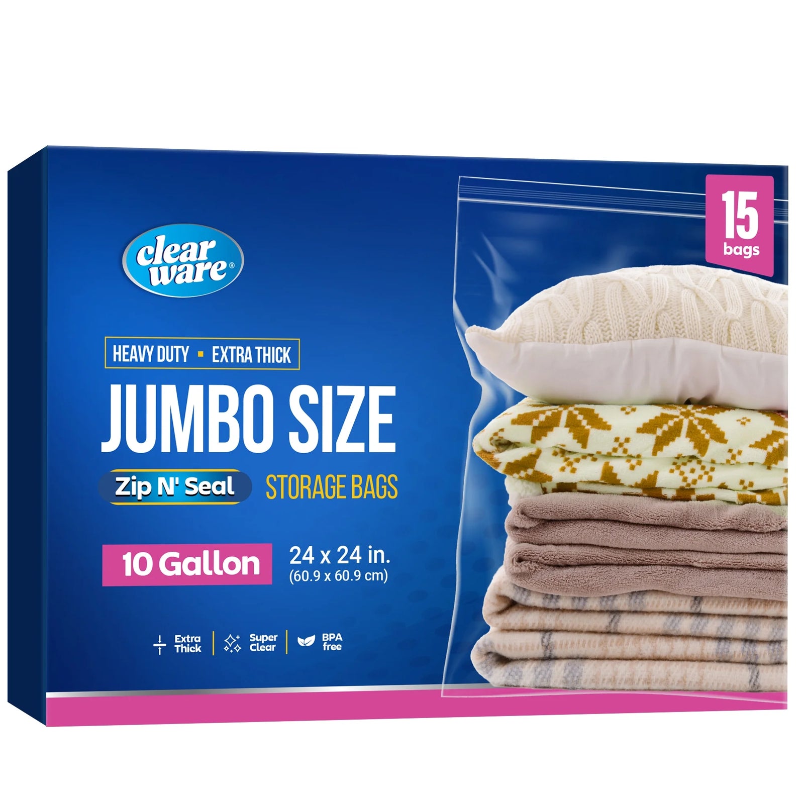 15 Count - Large Plastic Bags with Zipper Top, 10 Gallon Size 24" X 24", Extra L