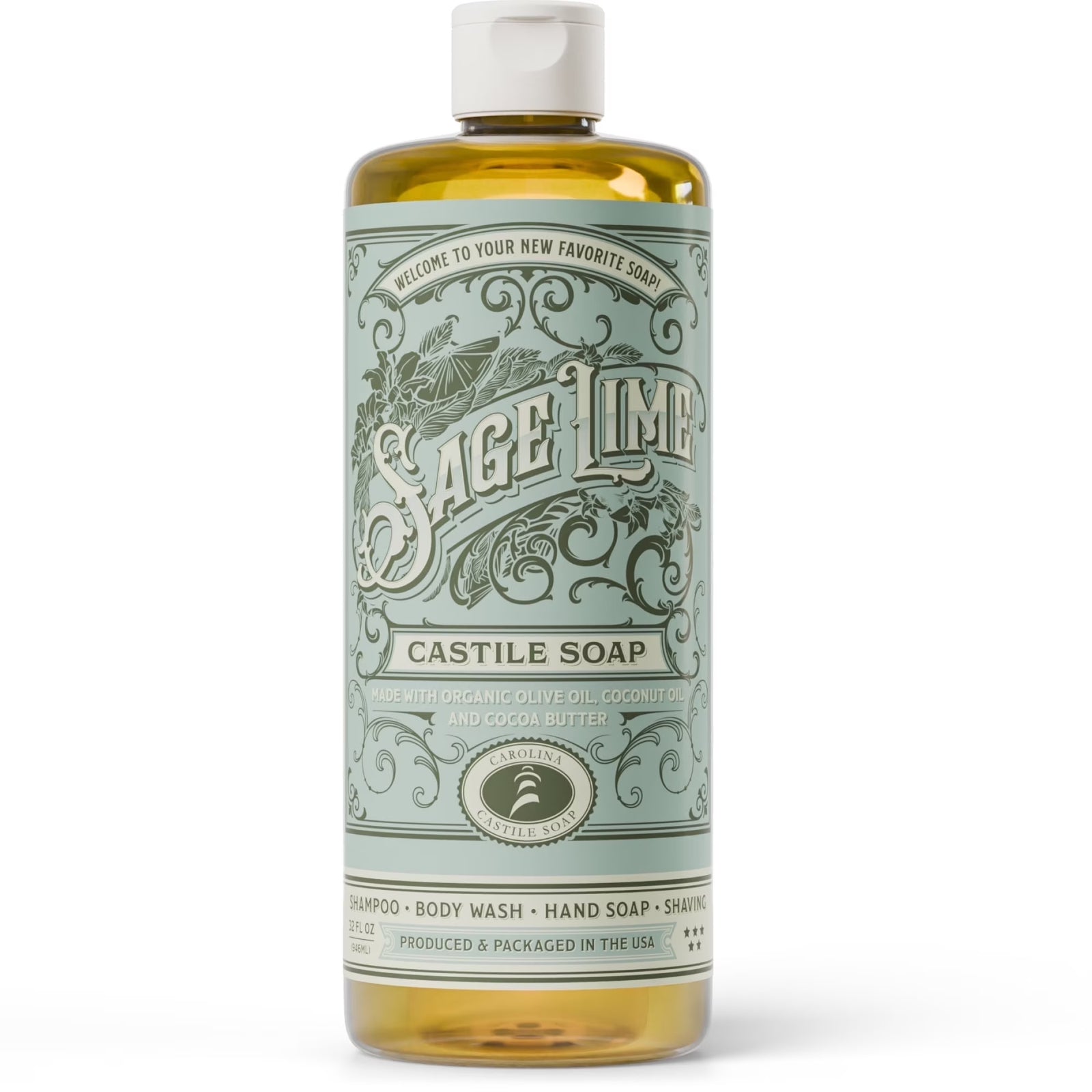 Carolina Castile Sage Lime Castile Soap Liquid - 32 Oz - Made with Organic Olive