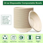 24 OZ Compostable Paper Bowls Heavy-Duty Bulk, 125 Pack Natural Sugarcane Fibers