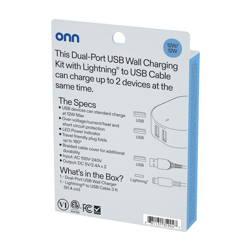 Onn 24W Dual USB-A Port Wall Charger with 3Ft USB-C to USB Cable, Foldable Plug, White - Compatible with Iphone 17/16/15 Series, Samsung Galaxy, Google Pixel, and More