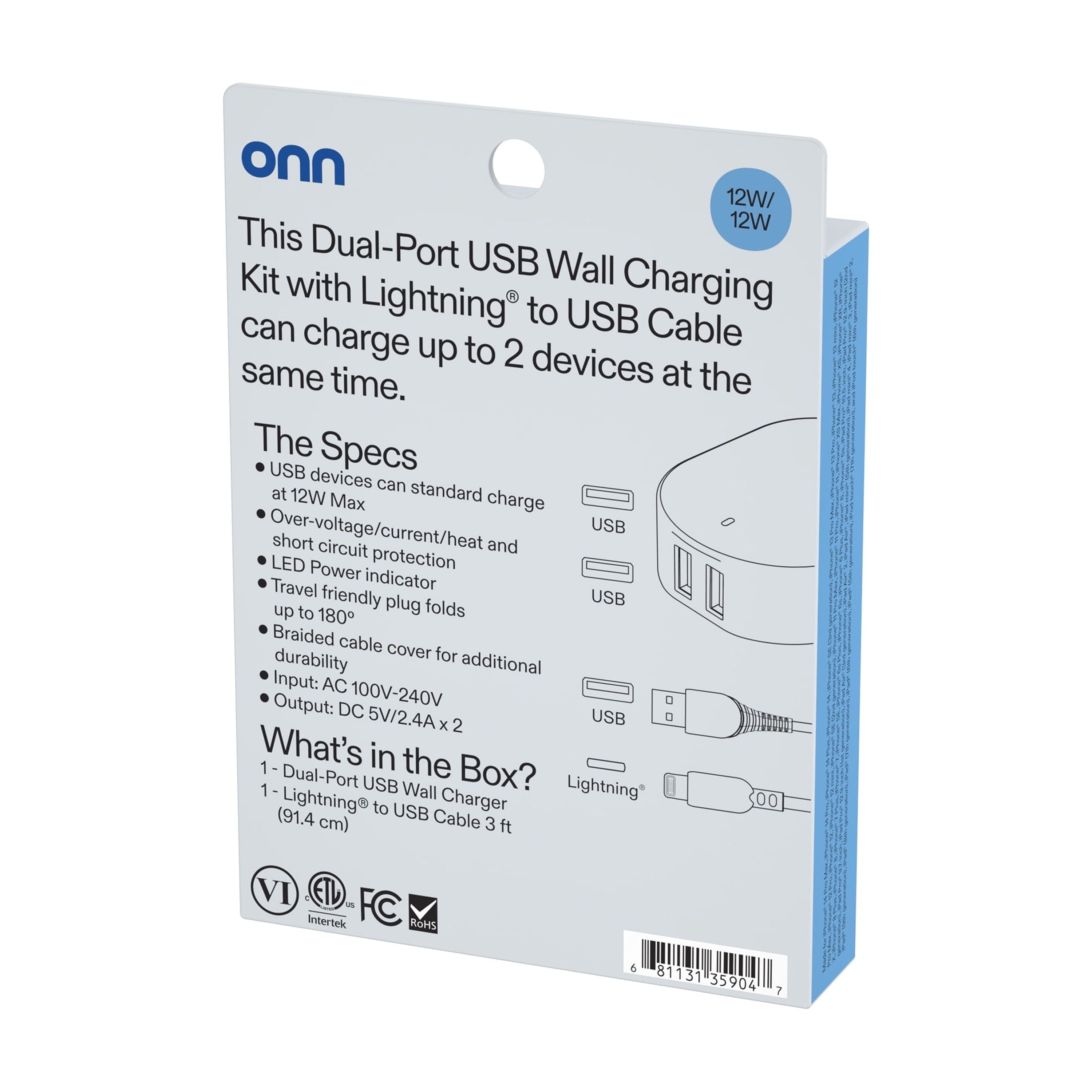 Onn 24W Dual USB-A Port Wall Charger with 3Ft USB-C to USB Cable, Foldable Plug, White - Compatible with Iphone 17/16/15 Series, Samsung Galaxy, Google Pixel, and More