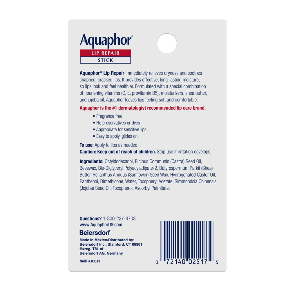 Aquaphor Lip Repair Stick for Dry Chapped Lips, Lip Balm with Shea Butter, 0.17 Oz, 2 Pack