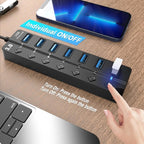 7 Port USB Hub Splitter 3.0 for Laptop Desktop USB Adapter with Individual Switc