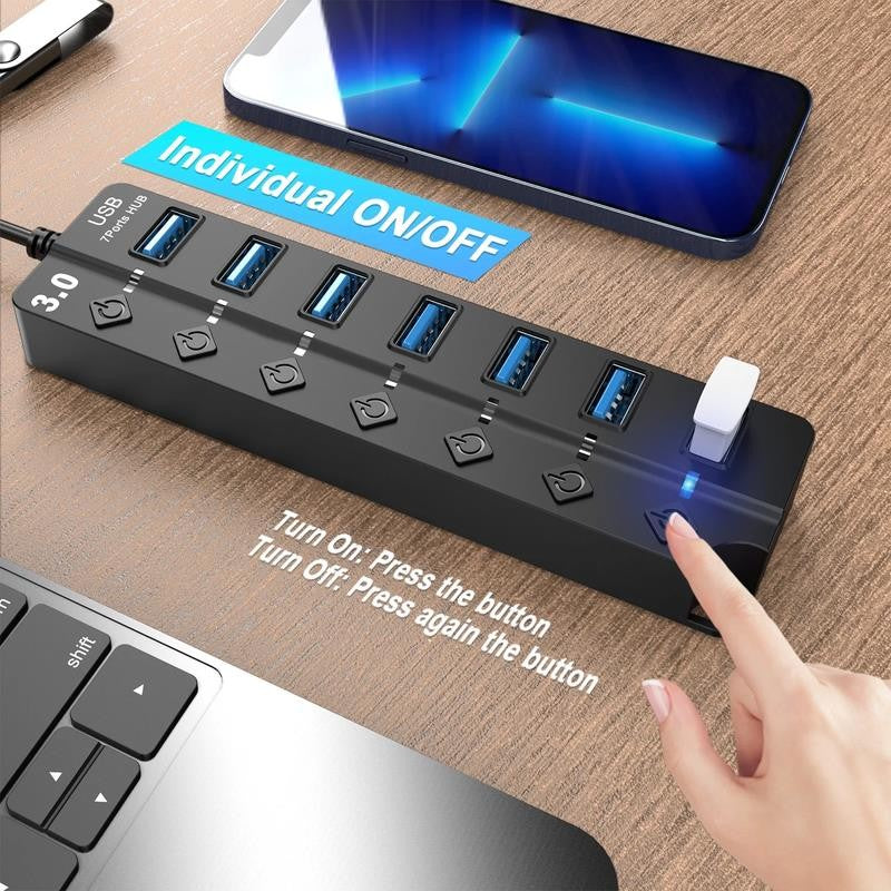 7 Port USB Hub Splitter 3.0 for Laptop Desktop USB Adapter with Individual Switc