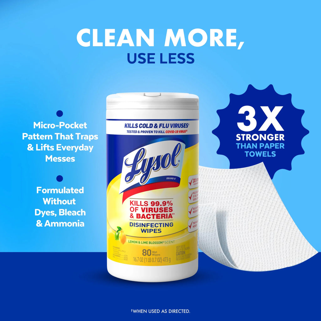 Lysol® Disinfectant Wipes Bundle, Multi-Surface Antibacterial Cleaning Wipes, Lemon and Lime Blossom, 80 Count Each(Pack of 3)