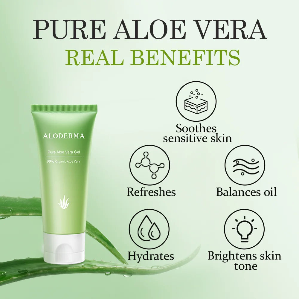 Aloderma 99% Organic Aloe Vera Gel, Made within 12 Hours of Harvest (1.5 Oz), No Sticky Residue - No Powder Concentrates or Water, Eco-Friendly, Travel Size, Aloe Vera Gel for Skin & after Sun Relief