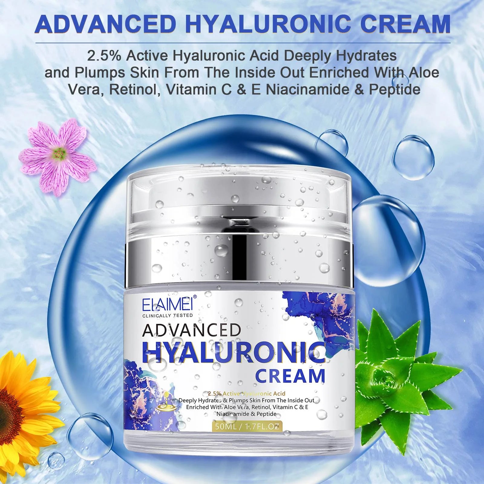 Advanced Hyaluronic Acid Face Moisturizer, Hyaluronic Acid Moisturizing Cream for Hydrating, Firming, Stretch Marks, Anti-Aging, Wrinkle Reducing, for All Skin Types, 1.7 Fl.Oz