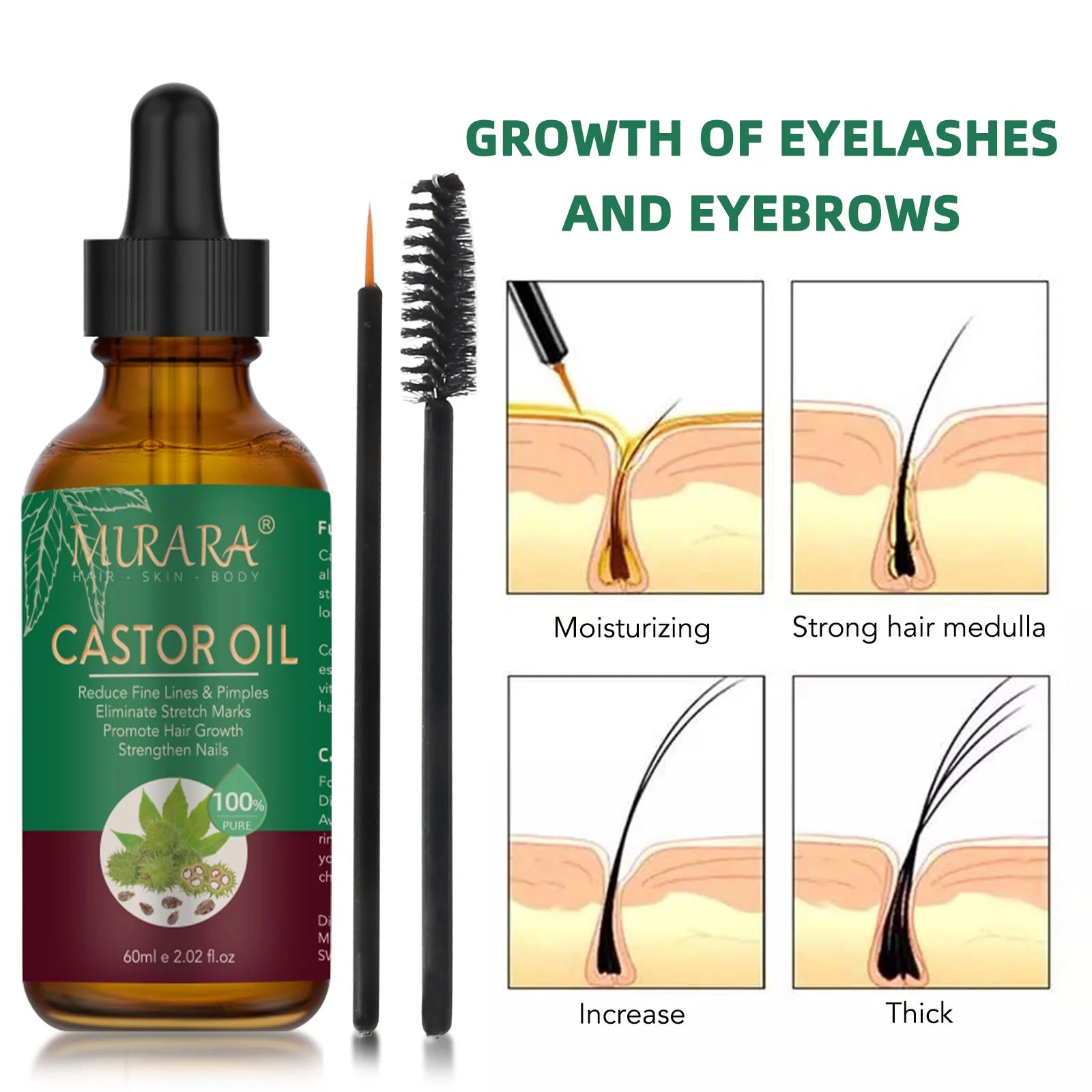 Murara Organic Castor Oil for Hair Care,Fade Fine Lines and Wrinkles, Pure Cold Pressed Castor Oil for Hair,Eyelashs,Eyebrows,Face and Skin Care