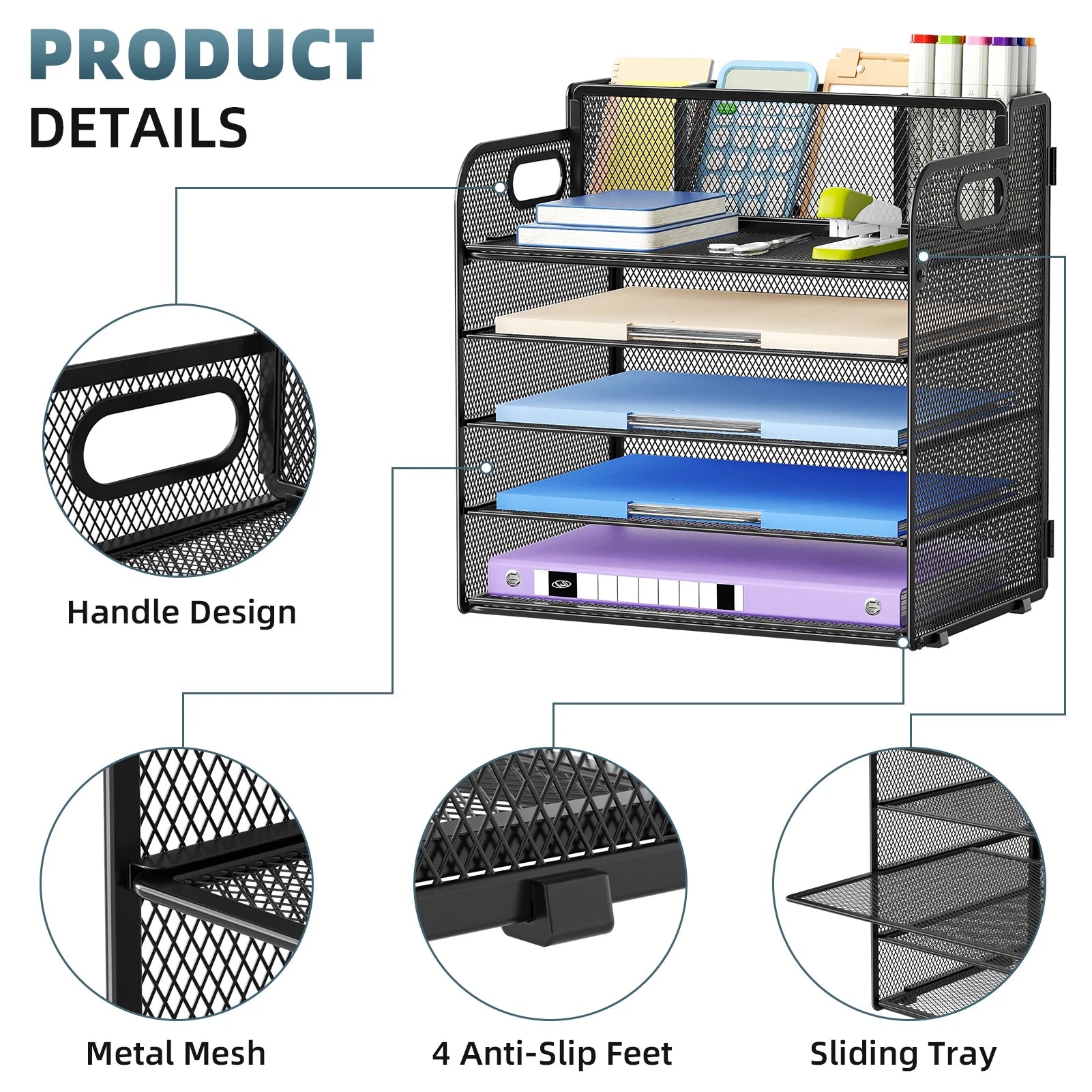 5-Tier Paper Letter Tray Organizer with Pen Holder, Mesh Desk Organizer with Handle
