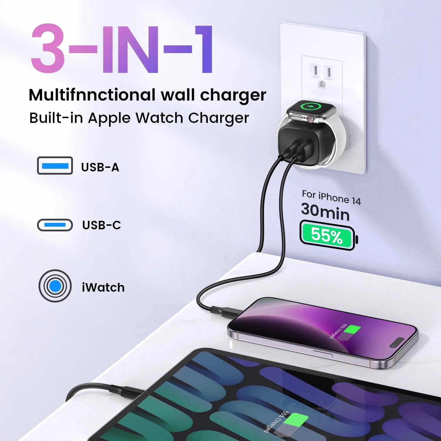 20W Magnetic 3-In-1 USB-C Charger for Apple Watch, Iphone, Ipad Series - White