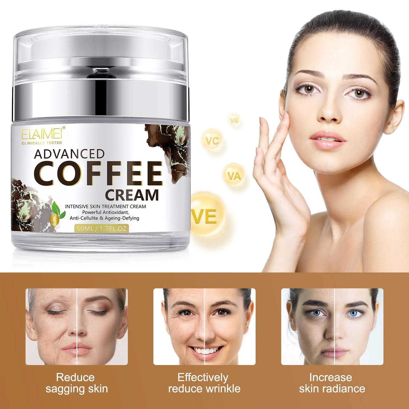 Advanced Coffee Cream for Face, anti Aging Moisturizer for Reducing Wrinkles, Firm, Tighten, Even Skin Tone, Day & Night Cream for Women and Men, 1.7 Fl.Oz