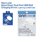Onn 24W Dual USB-A Port Wall Charger with 3Ft USB-C to USB Cable, Foldable Plug, White - Compatible with Iphone 17/16/15 Series, Samsung Galaxy, Google Pixel, and More