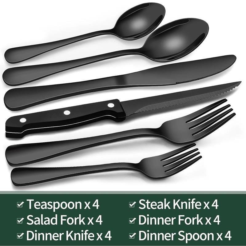 24-Piece Black Silverware Set with Steak Knives, Black Flatware Set for 4, Food