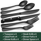 24-Piece Black Silverware Set with Steak Knives, Black Flatware Set for 4, Food
