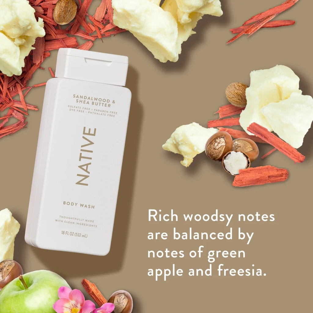 Native Body Wash, Sulfate Free, Sandalwood & Shea Butter, for Women and Men, 18 Oz