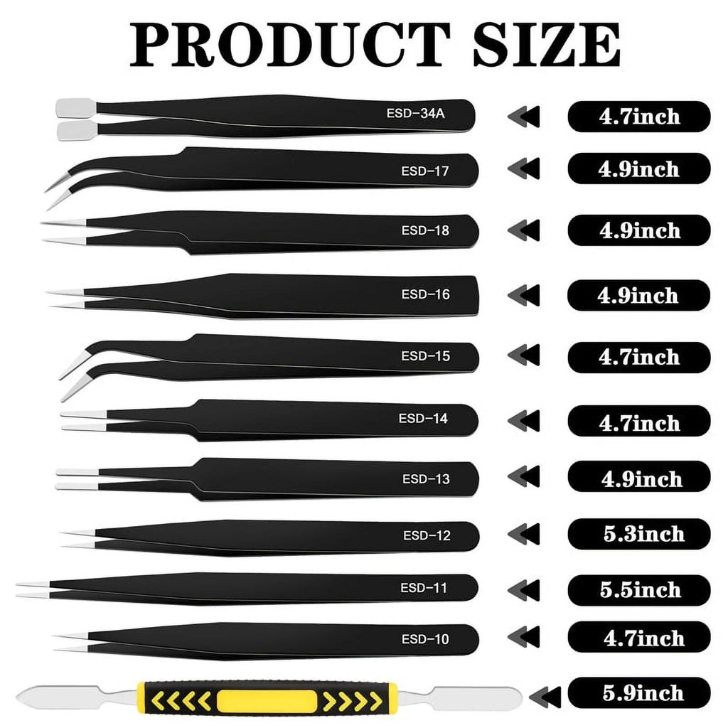 12 Pcs Precision Tweezers Set, Premium Craft Tweezers Kit, Stainless Steel Elect