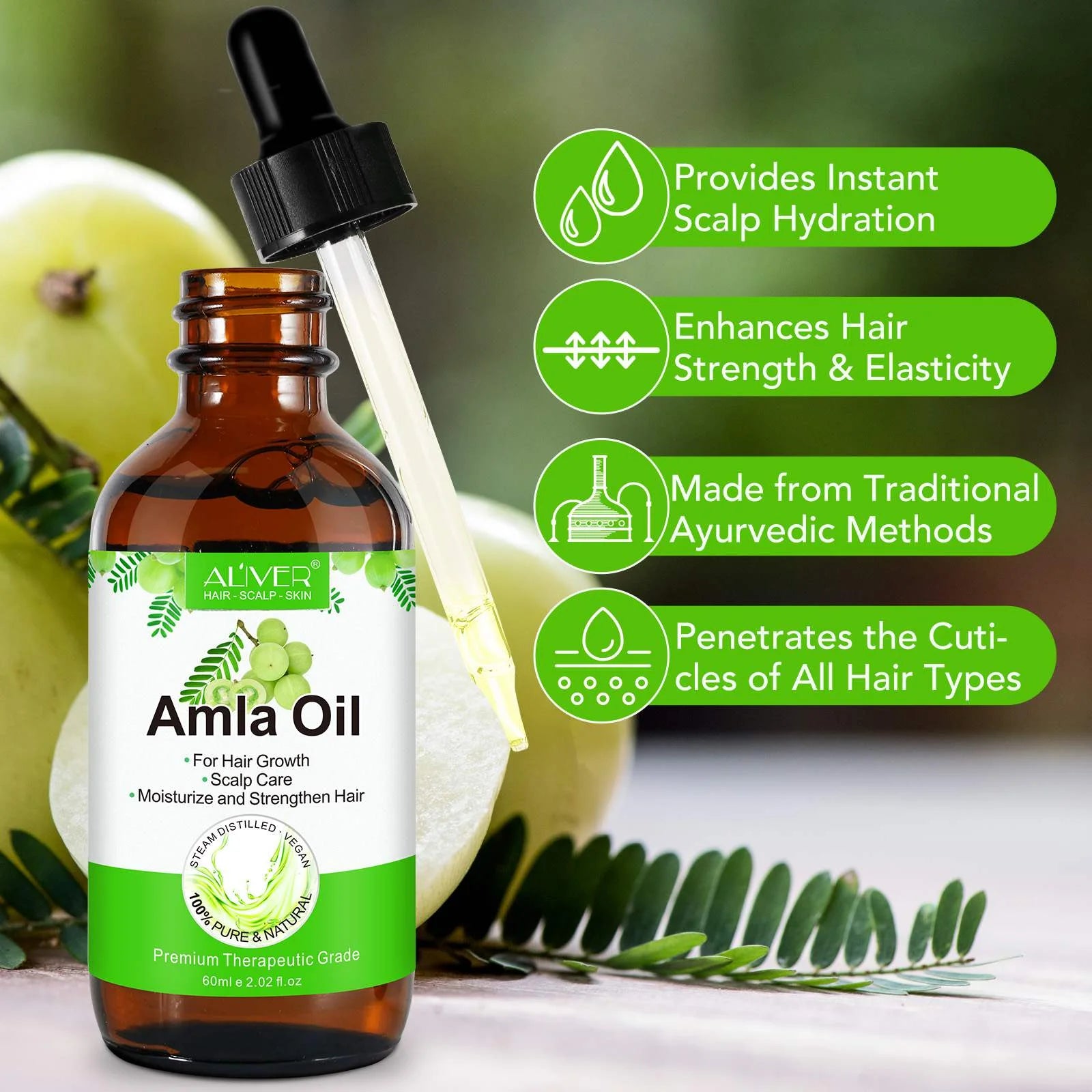 Amla Oil for Hair Care, Hair Oiling, Scalp Massage & Skin Care, Moisturizing & Nourishing, 100% Pure & Natural, Cold Pressed, Cruelty Free, 2.02 Fl Oz