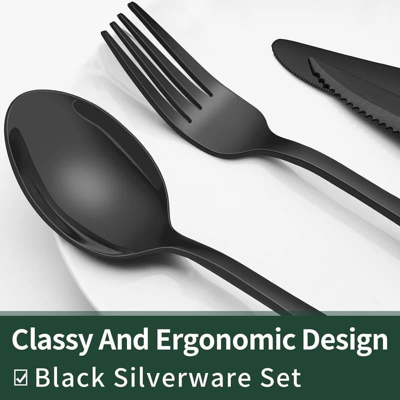 24-Piece Black Silverware Set with Steak Knives, Black Flatware Set for 4, Food