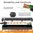 6 Ft Extension Cord Power Strip - 6 AC Outlets and 3 USB Ports Surge Protector(2