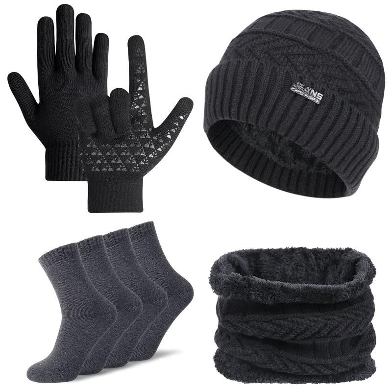 5 Pcs Winter Beanie Hat Scarf Touchscreen Gloves Set with Wool Socks for Men Wom