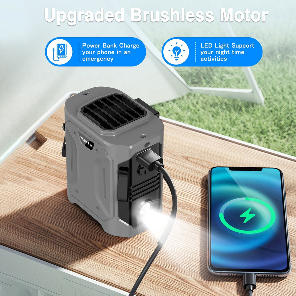 8000Mah Portable Waist Fan Clip with LED Display & SOS Flashlight, 5-Speed Hands