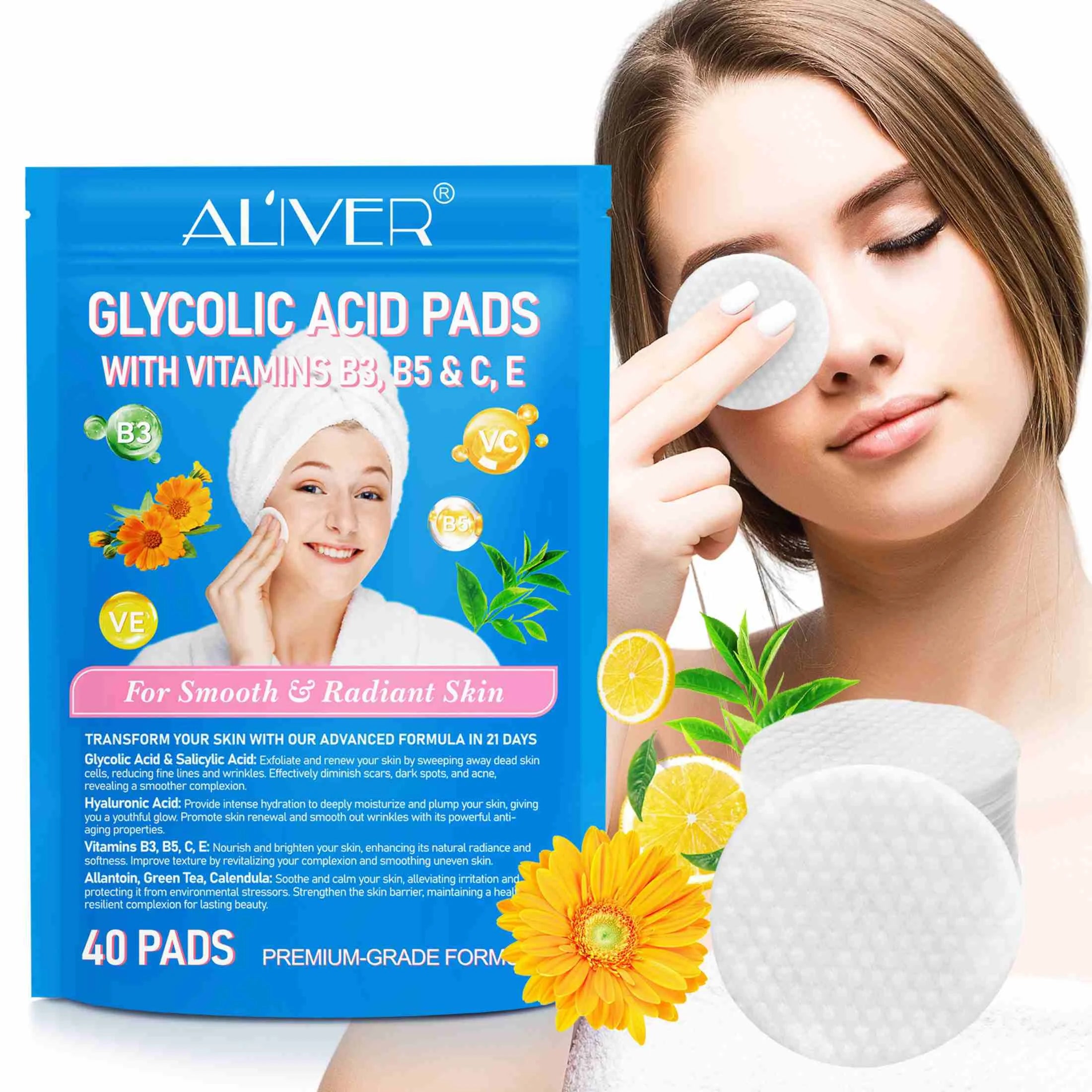 Aliver Glycolic Acid Pads,Cleansing Pads for Face & Body with Vitamins B3, C & E,For All Skin Types,40 Pads