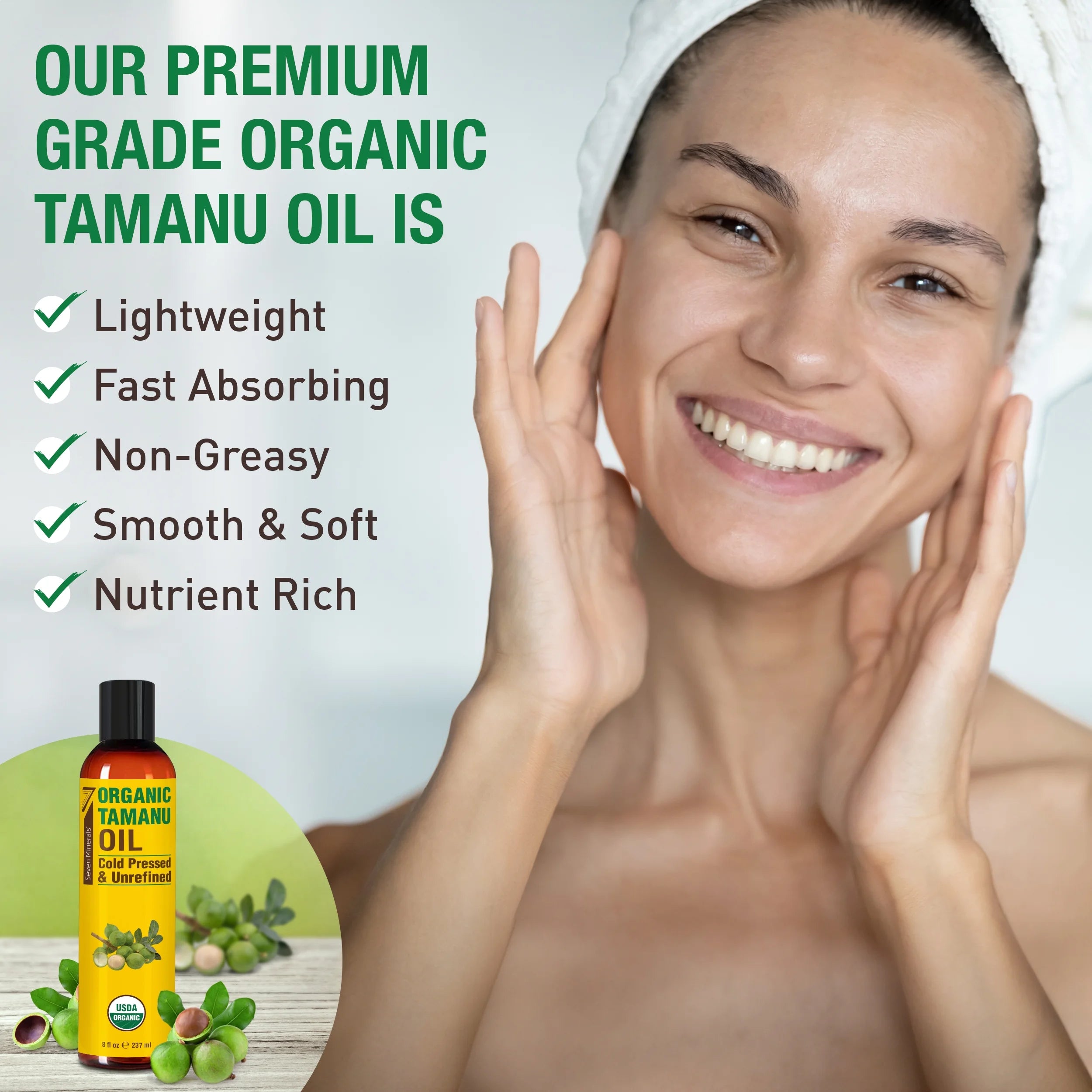 Seven Minerals USDA Organic Tamanu Oil - Big 8Oz - Cold Pressed for Skin, Face, Hair, & Nails