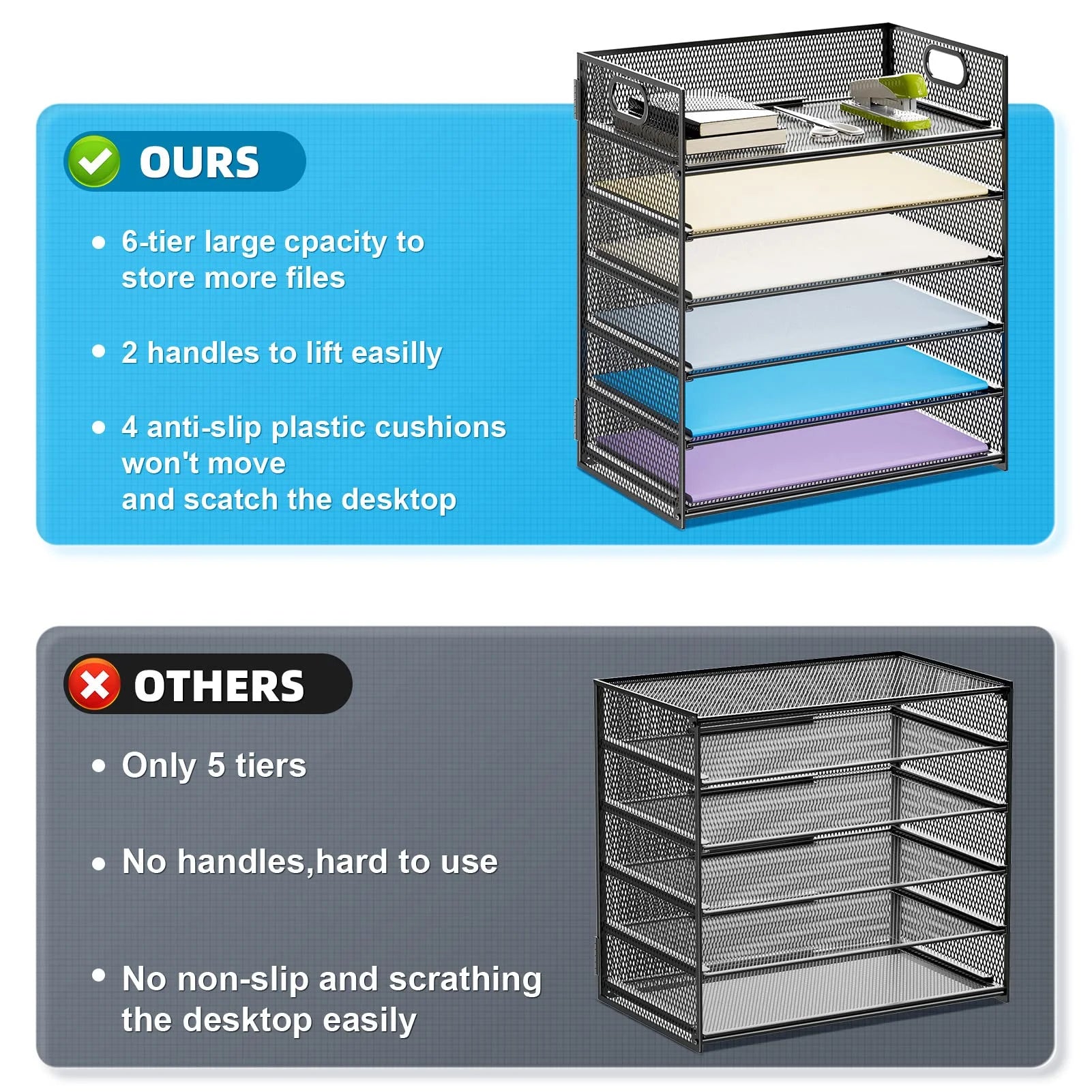 6 Tier Mesh File Organization with Handle,Paper Letter Tray Organizer , Paper Sorter Organizer for Letter/A4 Office Desktop Organization