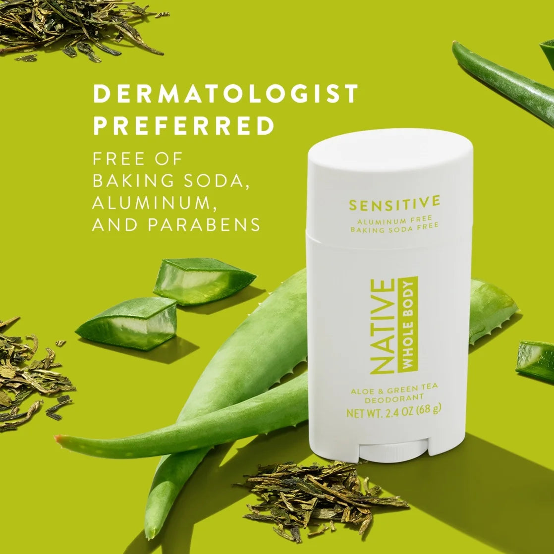 Native Deodorant, Aluminum Free, Aloe & Green Tea Sensitive Whole Body Deodorant 2.4 Oz