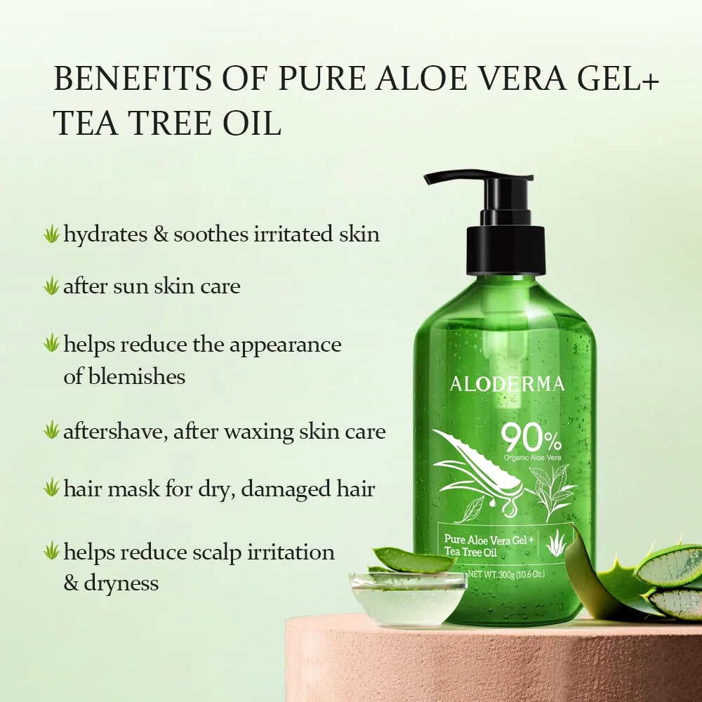 Aloderma 90% Pure Organic Aloe Vera Gel with Tea Tree Oil - Pure Aloe Vera Gel for Face - Natural Aloe Vera Gel for Sunburn Treatment, Acne, Aftershave, after Waxing - Aloe Vera Moisturizer for Face