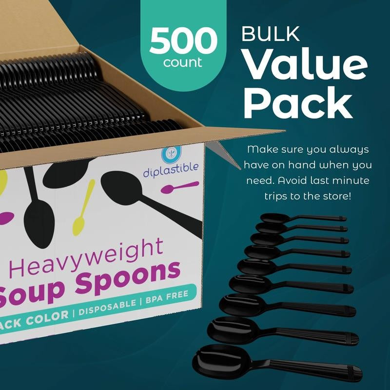 Black Plastic Spoons Heavy Duty - 500 Pack Disposable Soup Spoons - Plastic Cutl
