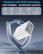 65W Gan Charger with Built-In 3.5Ft Retractable Cable, 3-Port PD Fast Charging Compatible with Iphone/Samsung Series -White