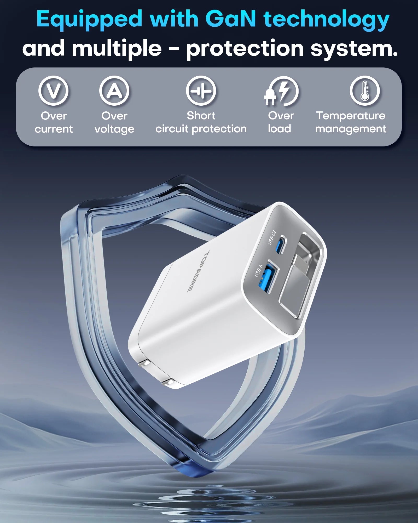 65W Gan Charger with Built-In 3.5Ft Retractable Cable, 3-Port PD Fast Charging Compatible with Iphone/Samsung Series -White