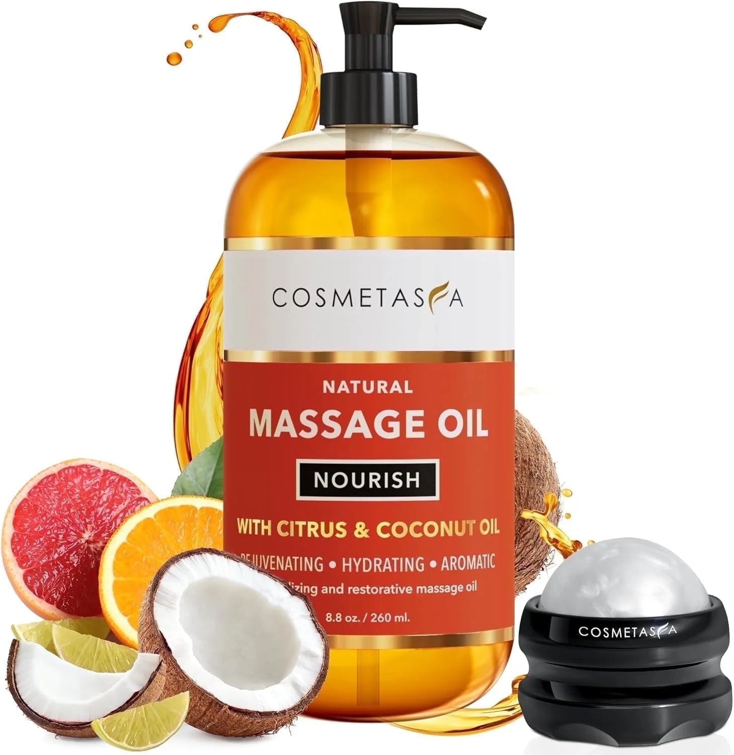 Body Massage Oil with Citrus and Coconut Oils, Includes Massage Roller Ball, 8.8