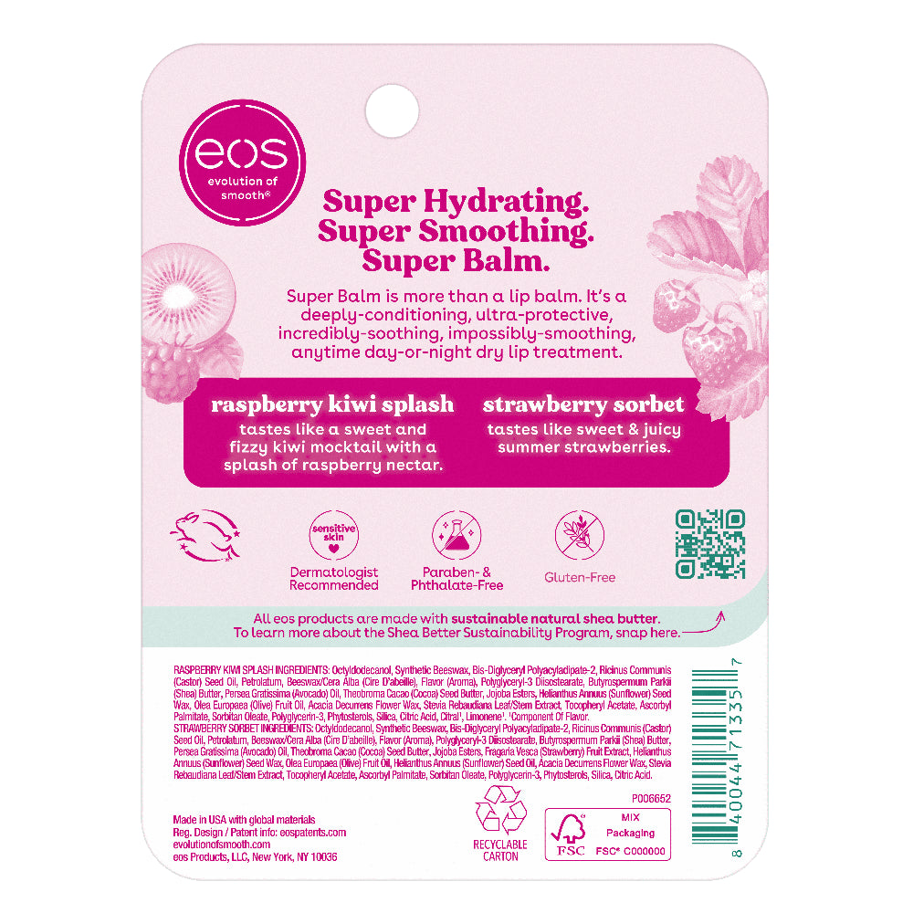 24H Moisture Super Balm- Strawberry Sorbet & Raspberry Kiwi Splash, 0.35 Fl Oz (2 Pack)
