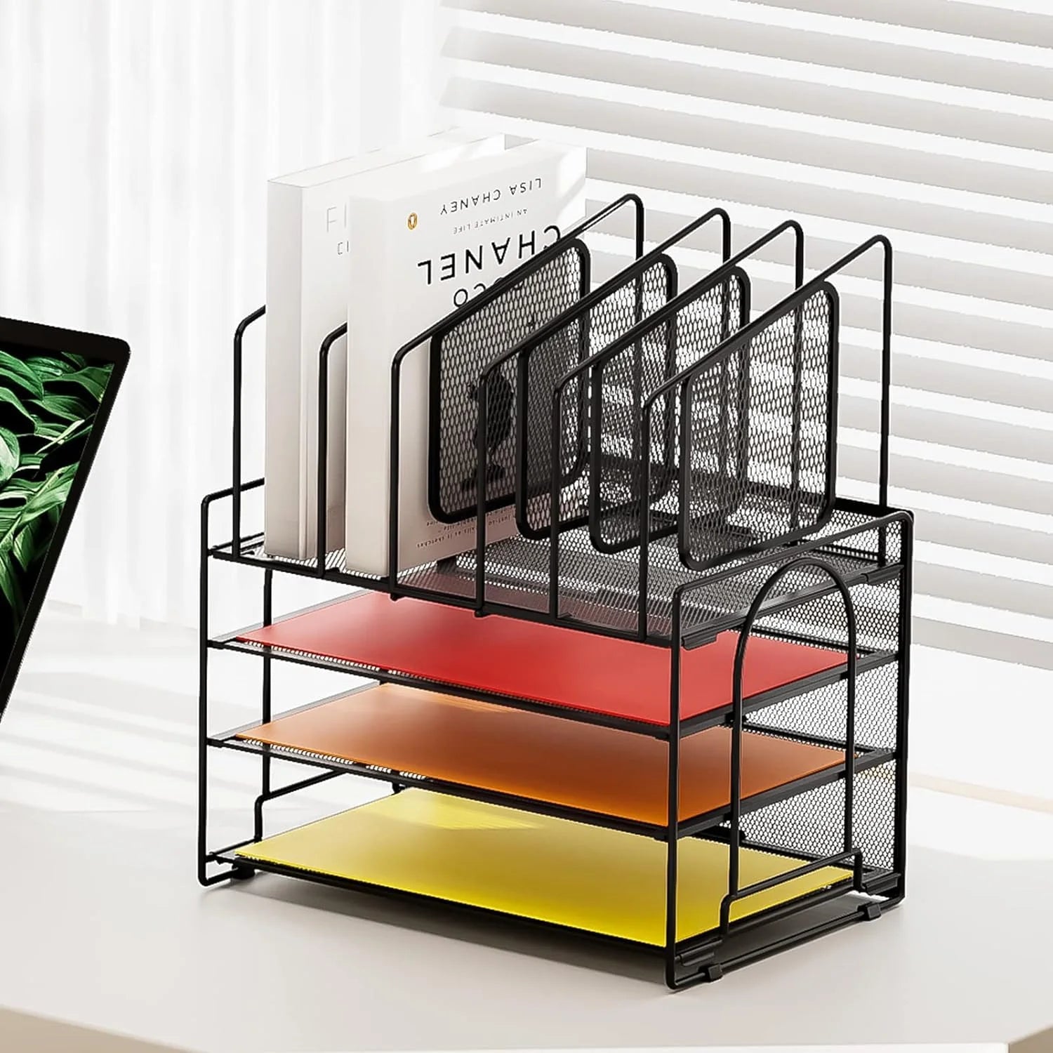 4-Tier Mesh Desk File Organizer,5 Vertical File Holder and Handle for Home Office (New Vertical Holder-Black)