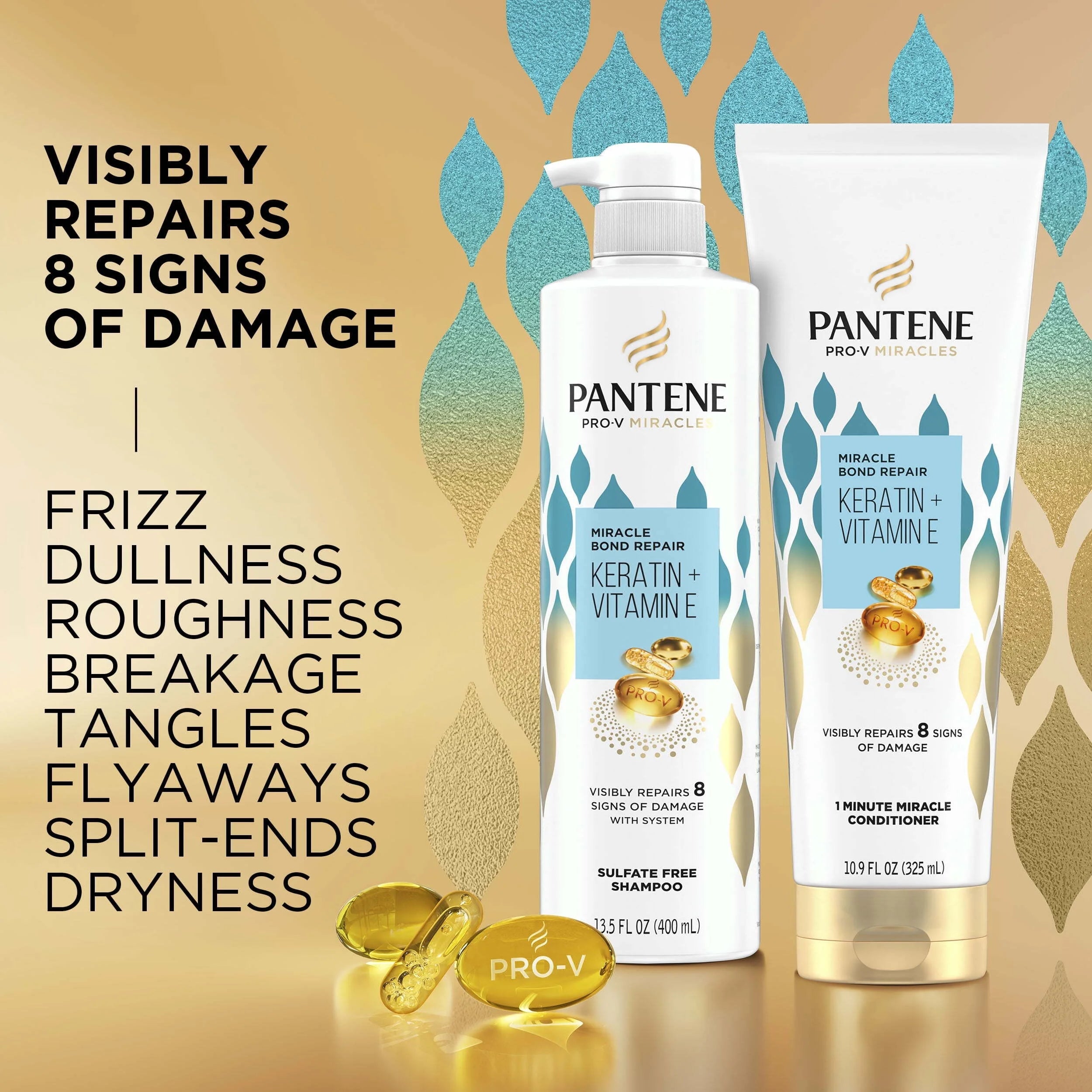Pantene Sulfate-Free Pro-V Miracles Bond Repair Keratin + Vitamin E Shampoo, 13.5Oz and Miracle Rescue Deep Repair Conditioner, 8Oz, for All Hair Types