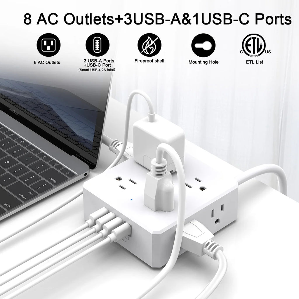 6 Ft Extension Cord Power Strip with 4 USB Ports Widely Surge Protector Outlets
