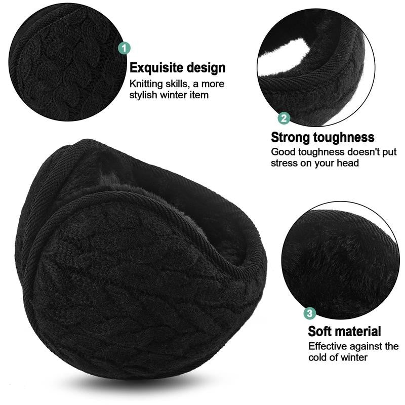 2 Pacs Winter Earmuffs for Women Men, Foldable Warm Cable Knit Fleece Ear Muffs