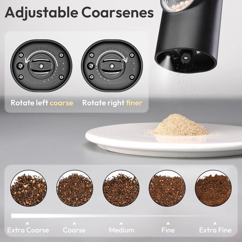 Electric Salt & Pepper Grinder, Automatic Spice Mill with Adjustable Coarseness,