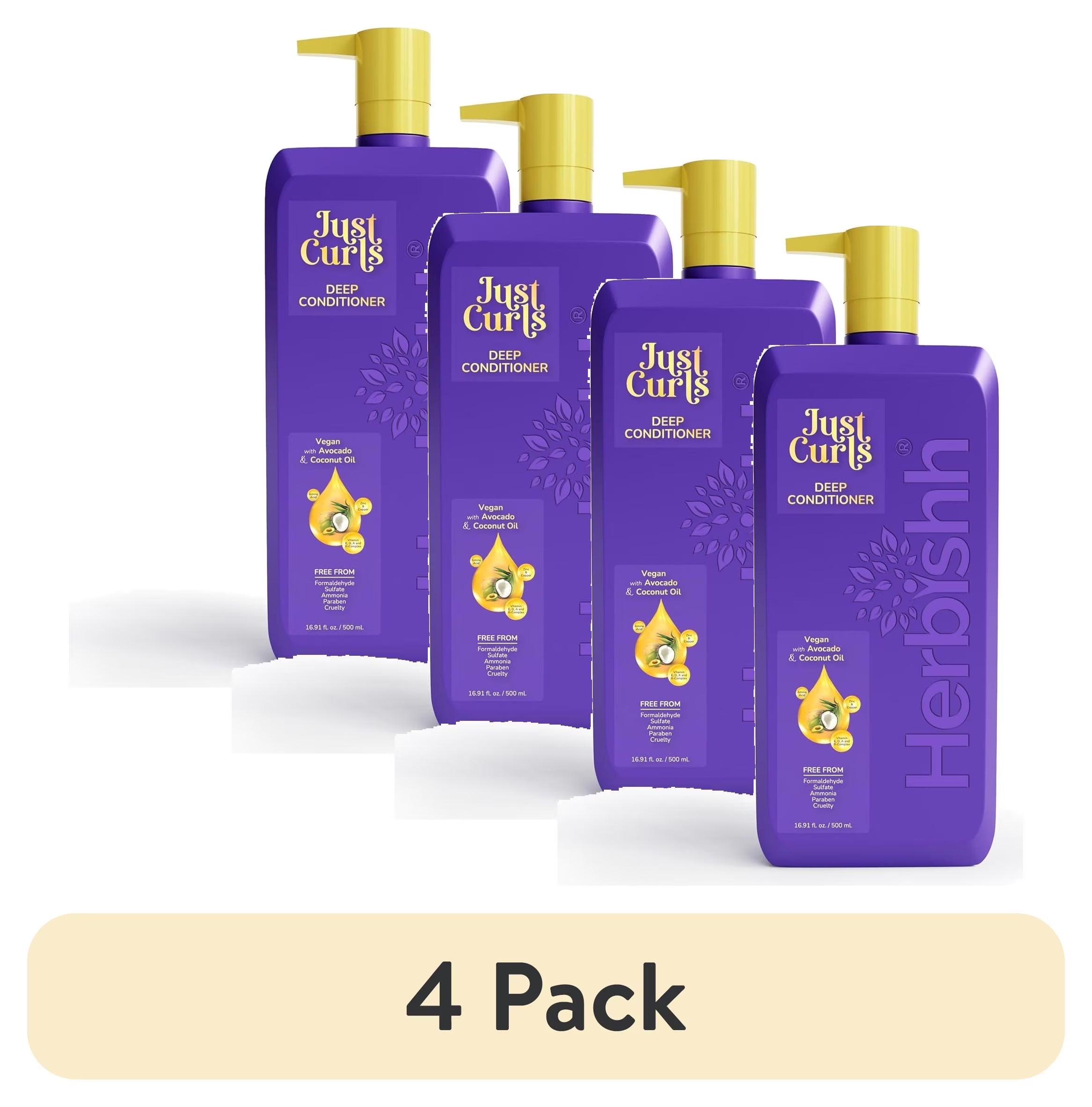 (4 Pack)  Just Curls Deep Conditioner with Avocado & Coconut Oil, Repairs Extreme Damaged Hair, Moisturizing & Conditioning, Frizzy Hair Control, Paraben-Free & Vegan , 16.91 Fl.Oz