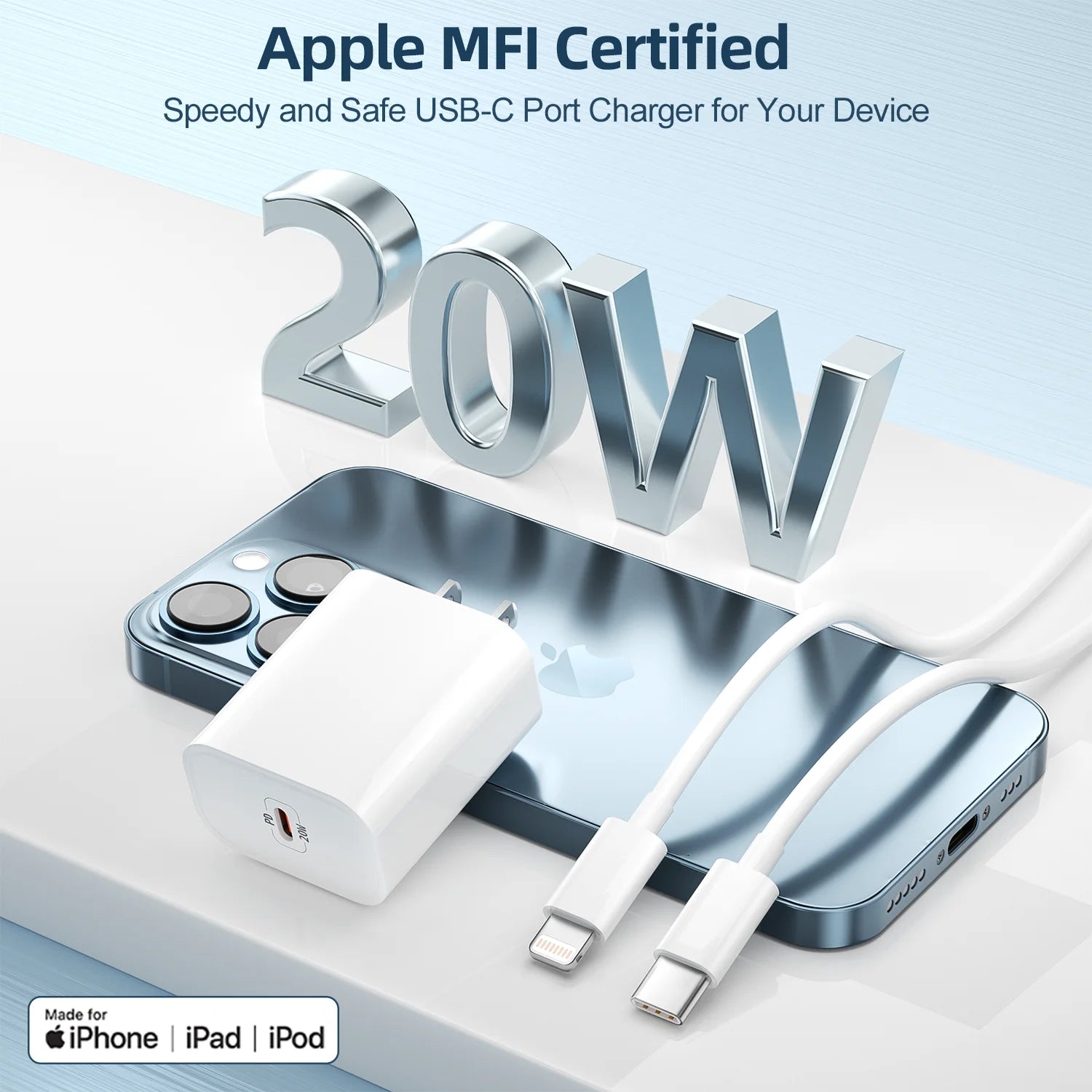 Bkayp Iphone Charger [Apple Mfi Certified] 20W PD USB C Wall Charger with 6Ft Fast Charging Cable Compatible with Iphone 14/13/12/11 White