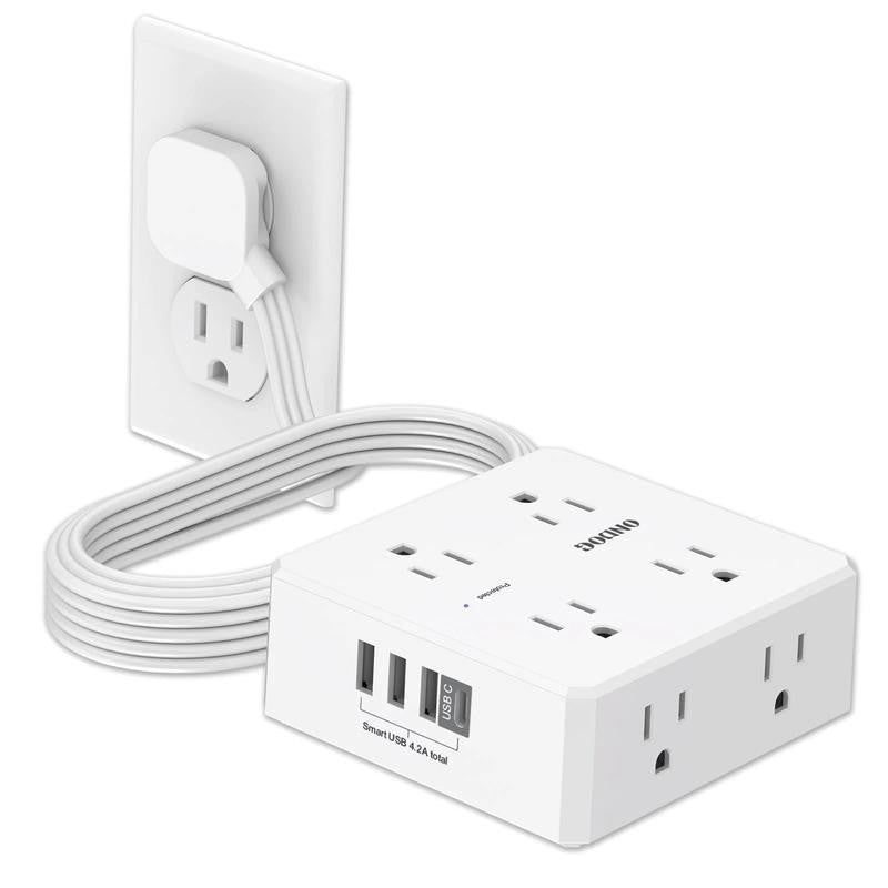 6Ft Flat Plug Power Strip - 8 Outlets and 4 USB Ports (1 USB C), Extension Cord