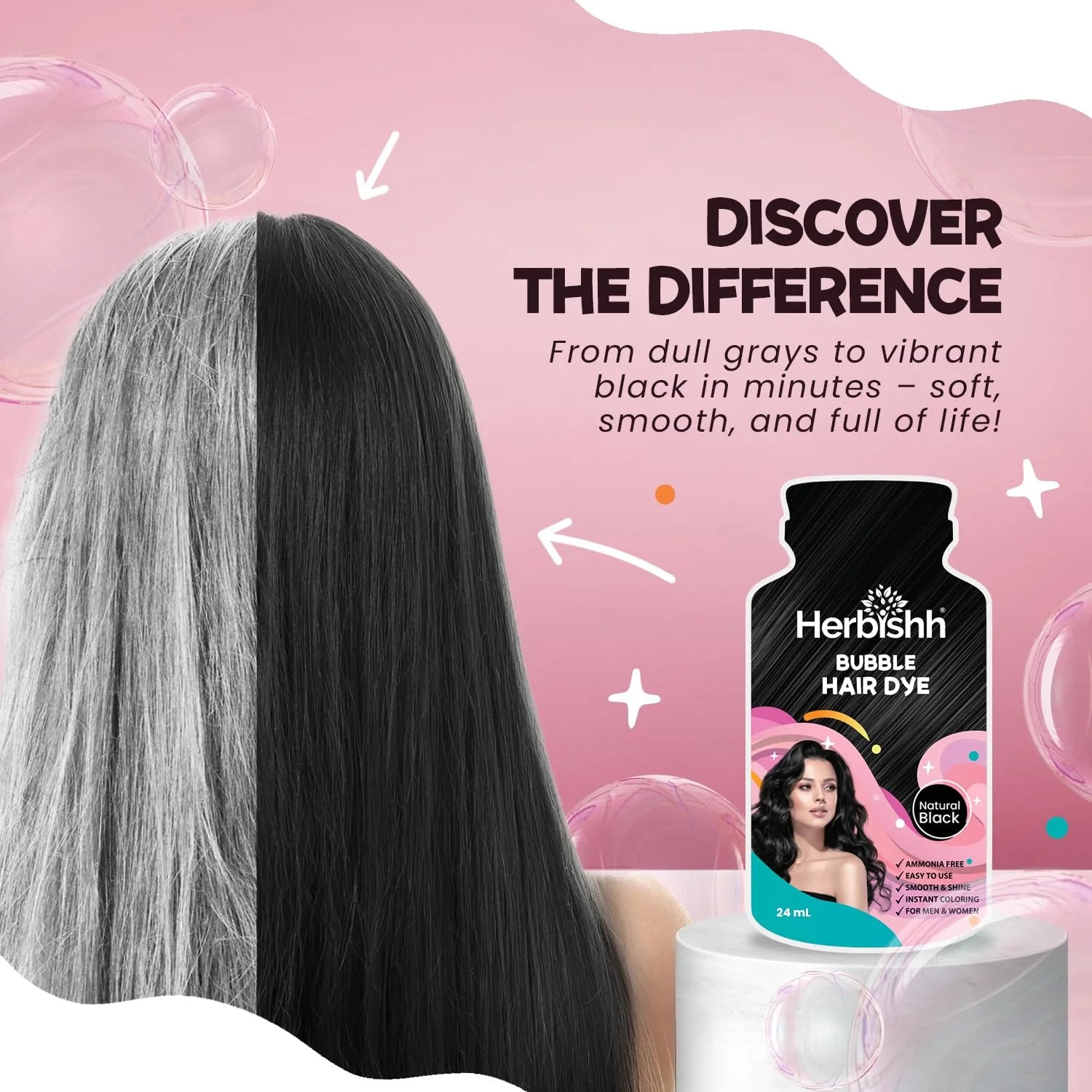 3-In-1 Bubble Foam Hair Dye Shampoo, Black, 10 Sachets X 24Ml, Ammonia-Free, Long-Lasting Color for Men & Women